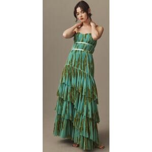 Hutch Teal and Olive Strapless Tiered Midi Dress
